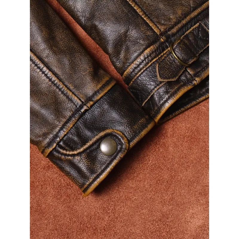 Men\'s leather jacket classic J100 brown and yellow leather retro cowhide motorcycle riding suit short, sportsman, fashion