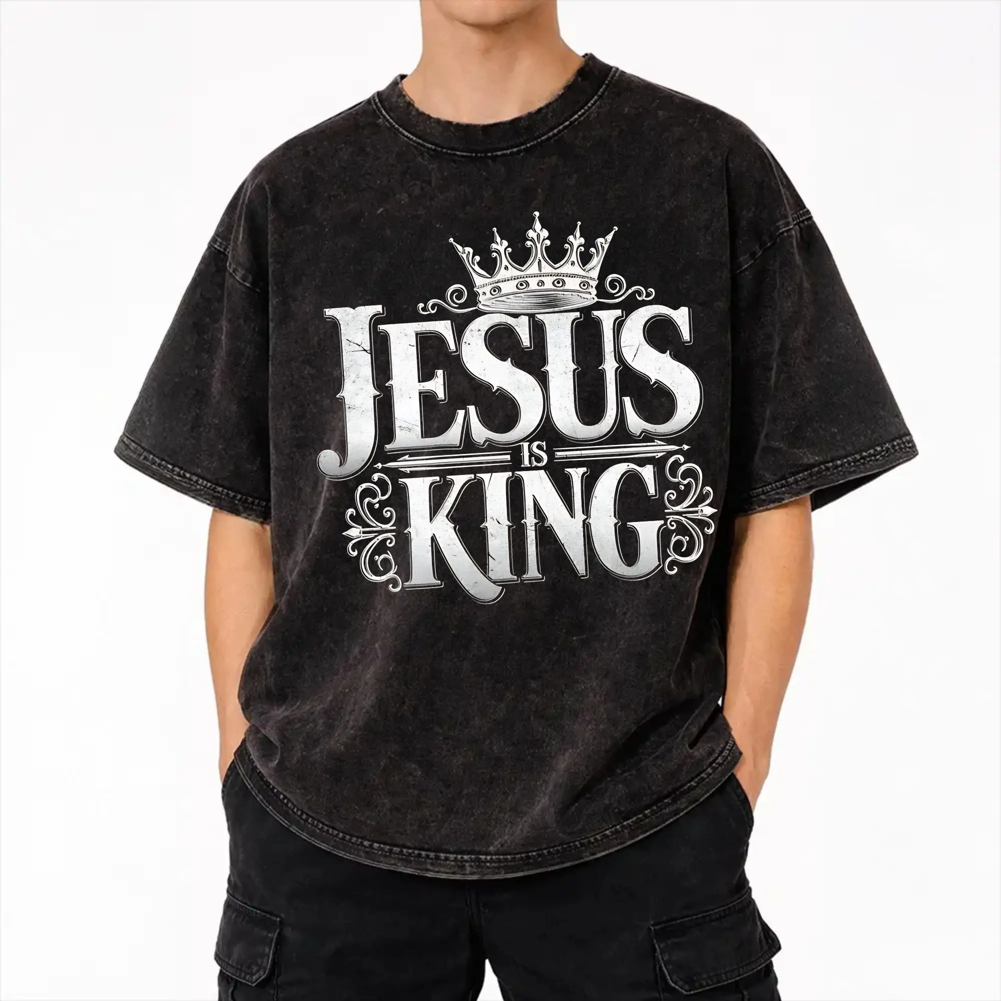Jesus Is King Christian Faith Religious God Crown  Washed T Shirts Streetwear Hip Hop Vintage T-Shirt  Tee Shirt Men Women