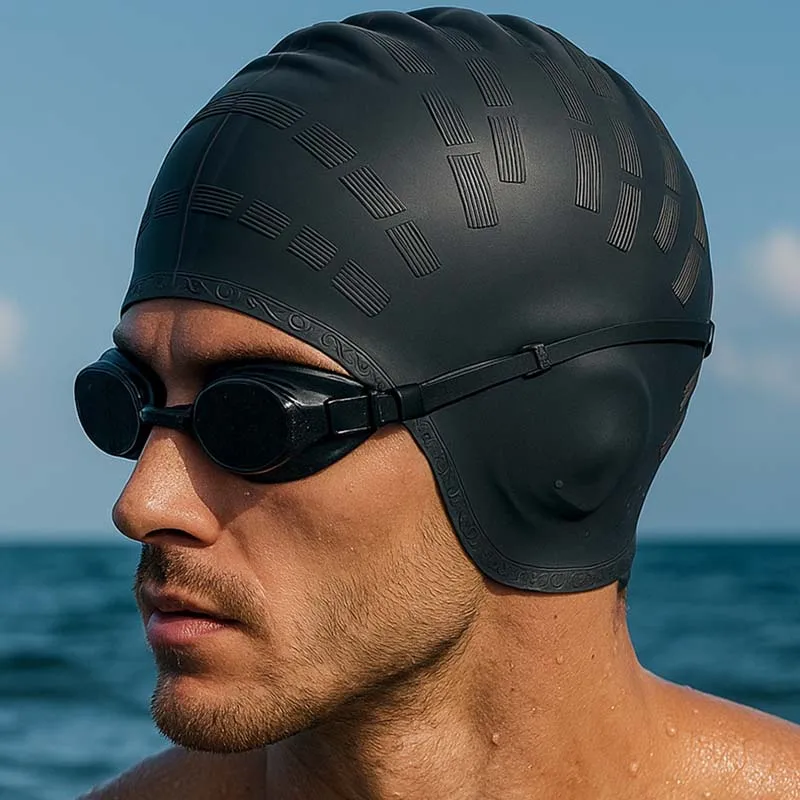 

Silicone Ear Protection Swimming Cap Fully Wrapped Waterproof Swimming Cap Stripe Pattern Long Hair Protection Plus Size Swimmin