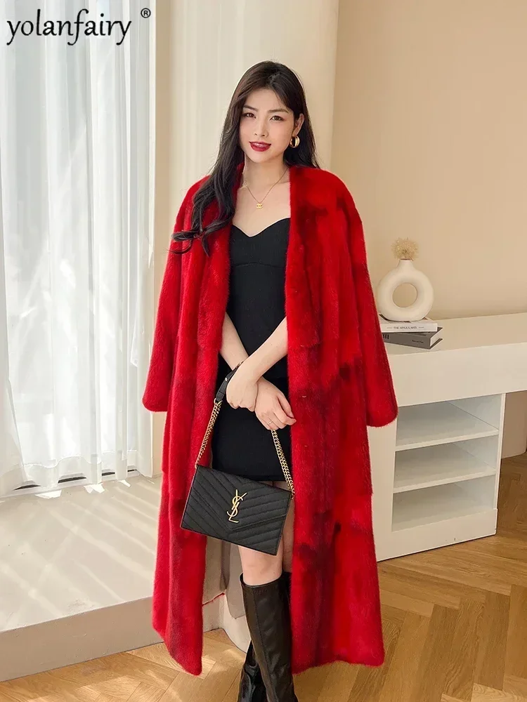 Silver Cross Real Mink Fur Coat Women's Knee Long Coats and Jackets for Women Fur Clothing V-Neck Lace Up Female Winter Jacket F