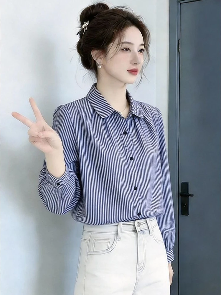 New 2026 Polo Stripe Single Button Shirt Women Spring Fall Temperament Cropped Long Sleeve Small Frame Top