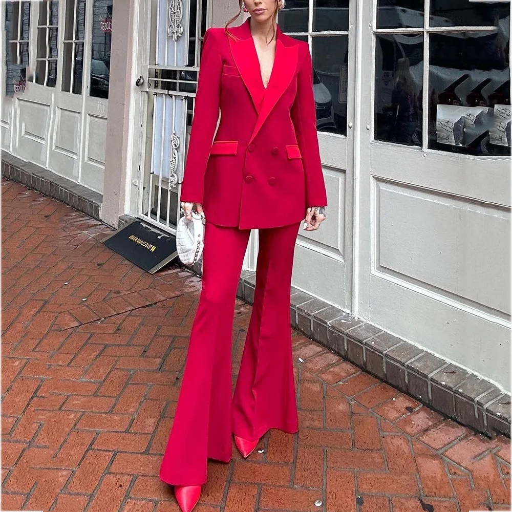 

Модный костюм из двух предметов, куртка, брюки, брюки-клеш, элегантный женский комплект с остроконечными лацканами, шикарная двубортная официальная офисная одежда для женщин