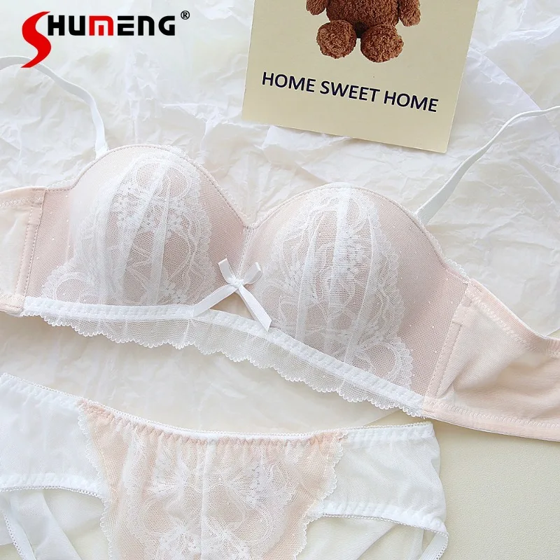 

Pure Desire Gentle Small Chest Bra Set Women's Push Up Sexy Hollow Half Cup Intimates Female Wireless Brief Suits Underwear
