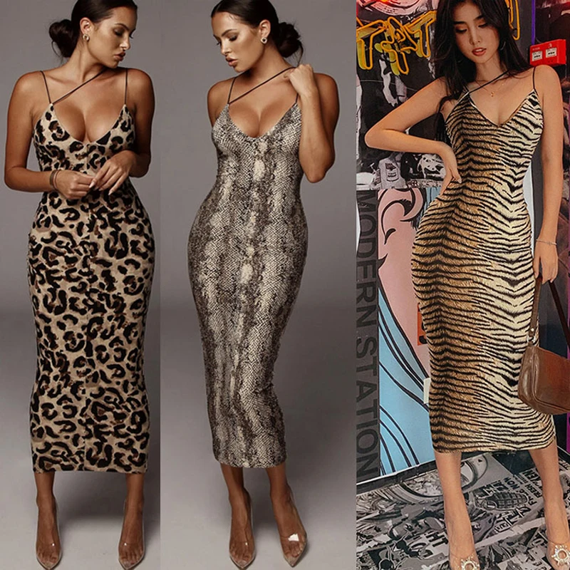 Sexy Summer Women V-neck Backless Strapless Dress Fashionable Leopard Printed One-piece Long Skirt Sml Size