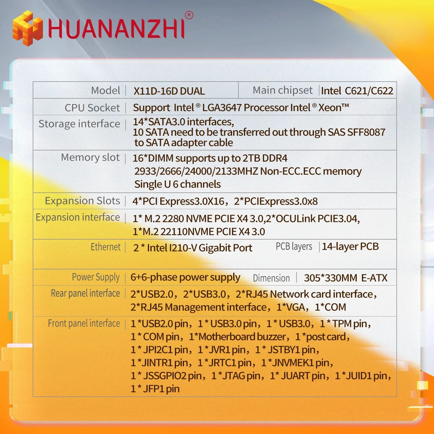HUANANZHI X11D 16D LGA 3647 XEON X11D Motherboard support Intel XEON 1st and 2nd Gen Dual CPU Supports up to 2TB DDR4 RECC