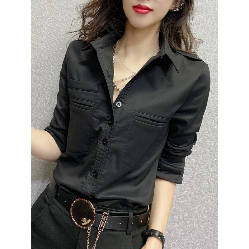 Office Lady Turn-down Collar Long Sleeve Blouse Spring Autumn Women's Clothing Solid Color Pockets Single Breasted Slim Shirt