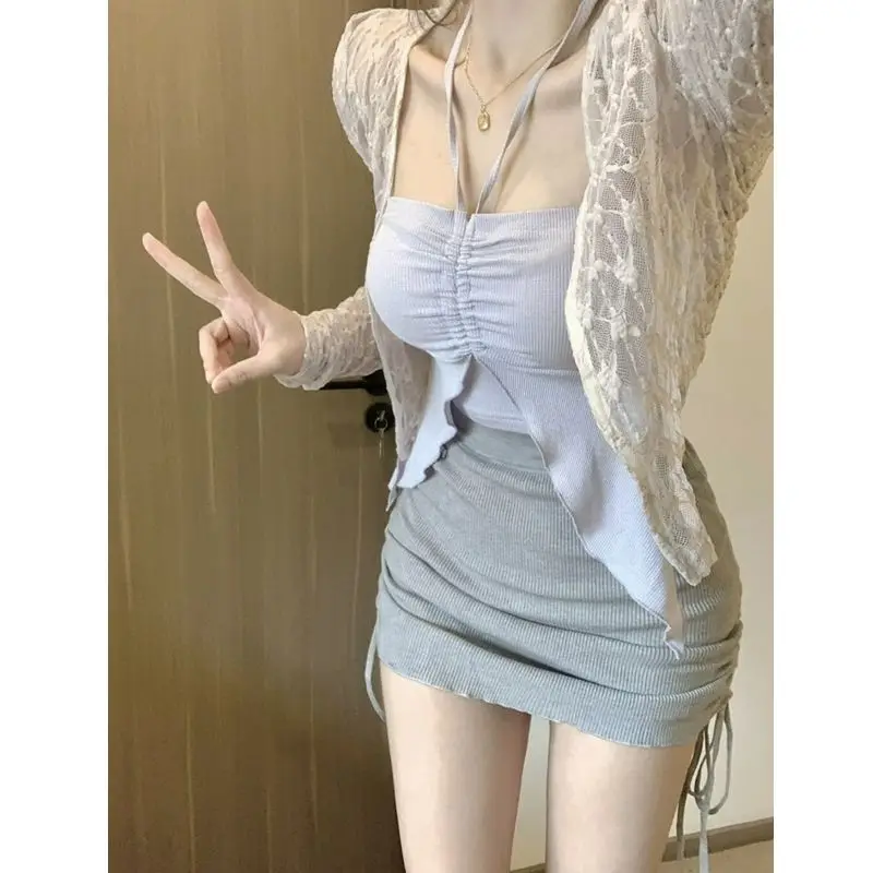 2024 Summer Korean Fashion 3 Piece Set Woman Solid Lace Cardigan + Sexy Vest + Slim Y2k Mini Skirt Woman Outwear Casual Suit