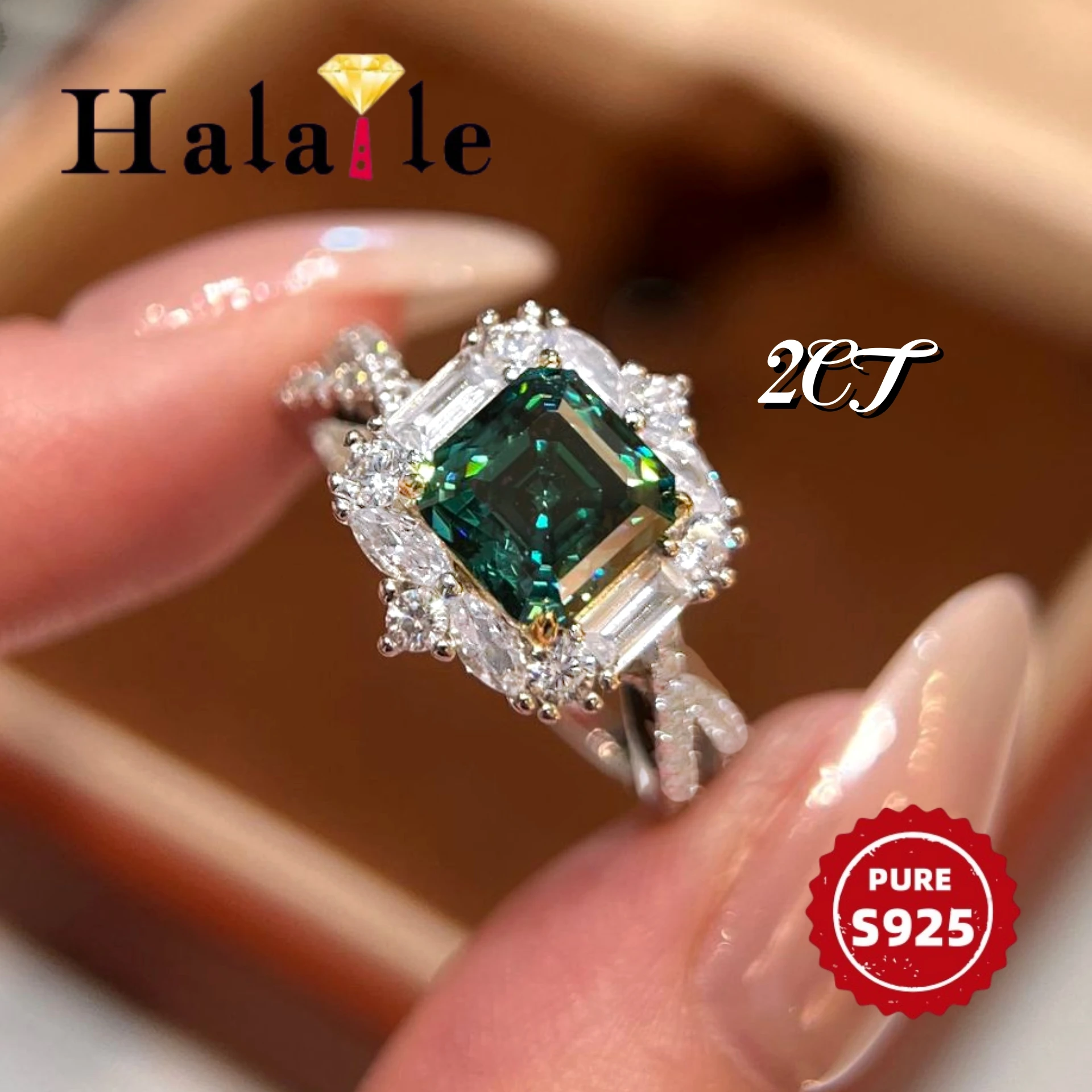 

Halaile 2CT 7*7MM Asscher Zircon And Moissanite Ring 925 Sterling Silver For Women Sparkling Engagement Wedding Dainty Elegant