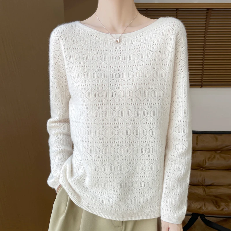 

2024 Autumn/Winter New Women's One Word Neck Hollow Pure Wool Fashion Versatile Woolen Sweater