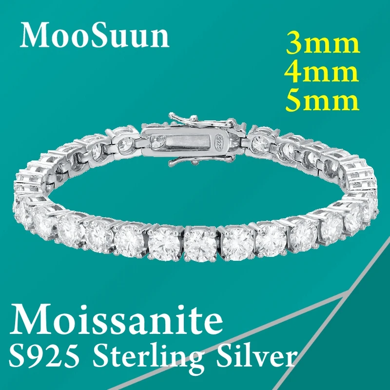 MooSuun 3mm 4mm 5mm Moissanite Diamond Tennis Bracelet for Women Men S925 Sterling Silver Sparkling Fine Jewelry Men's Gift