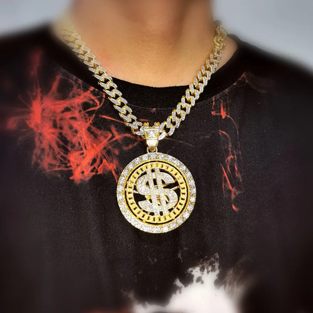 Men Hip Hop Cuban Link Chain Rotatable Dollar Pendant Necklace Iced Out Bling Zircon Stainless Steel Chain Necklaces Jewelry