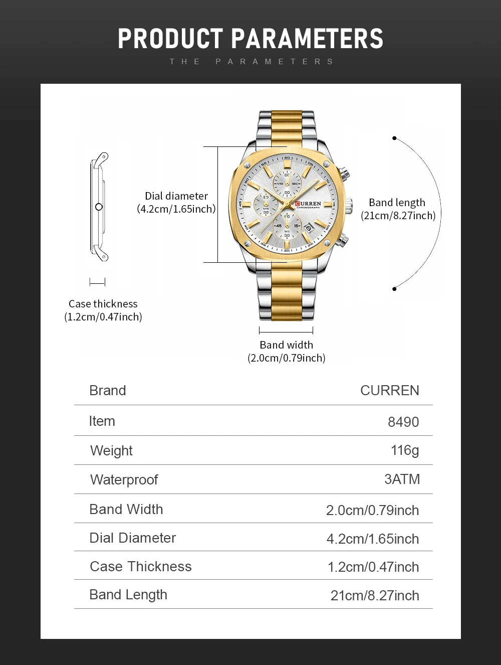 CURREN Business Casual Chronograph Uhr für Herren mit Edelstahlarmband und schwarzem Zifferblatt, leuchtenden Zeigern - Quarzwerk – Detail 1
