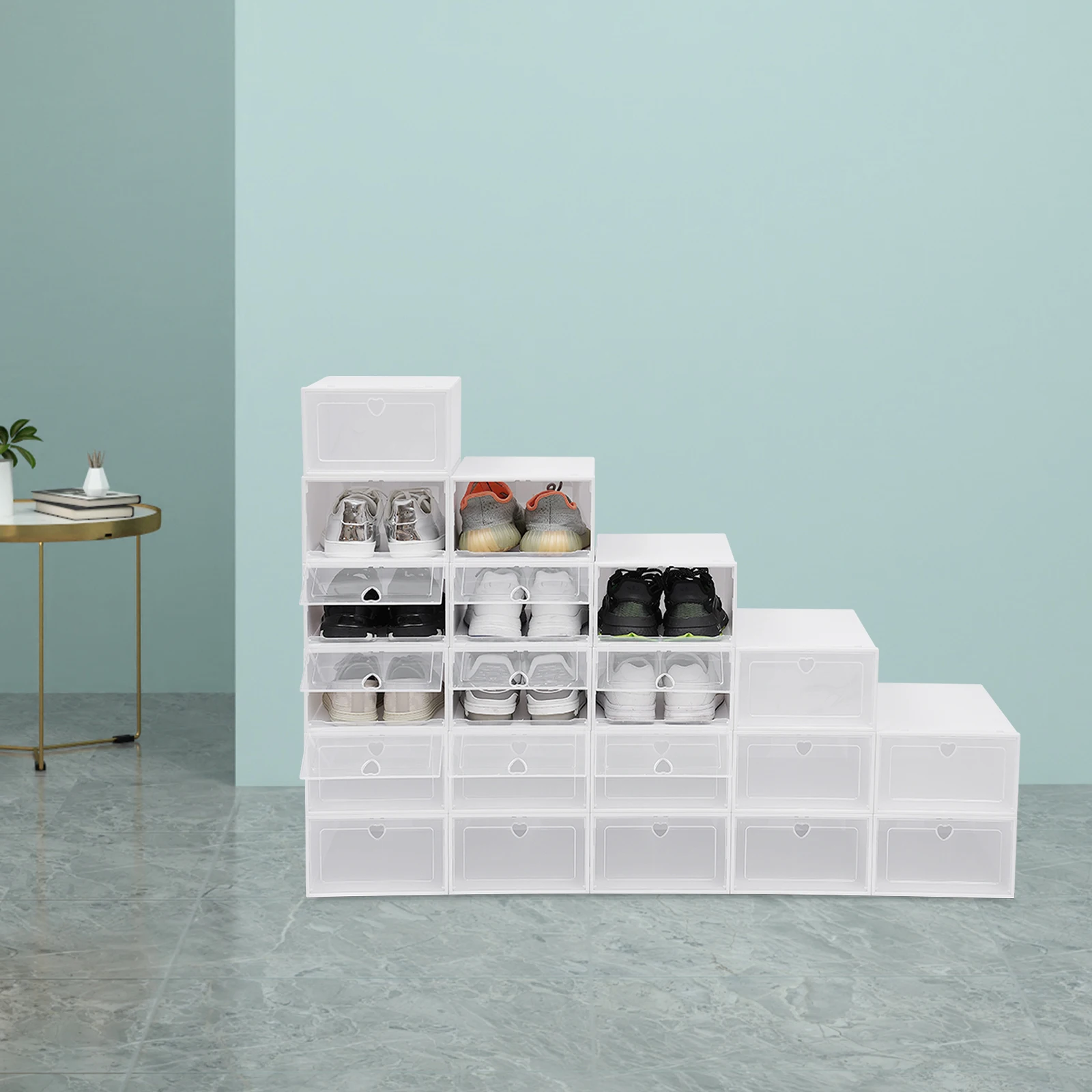 20 Stück stapelbare Schuhkartons mit Deckel, transparente hochklappbare Tür, Herzgriff, Schrank-Organizer, Aufbewahrung für Schuhe