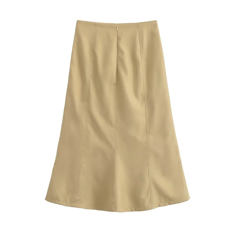 KEYANKETIAN 2024 New Launch Women's Khaki Fishtail Skirt Back Zipper High waist Seam Detail Elegant Stylish A-line MIDI Skirt