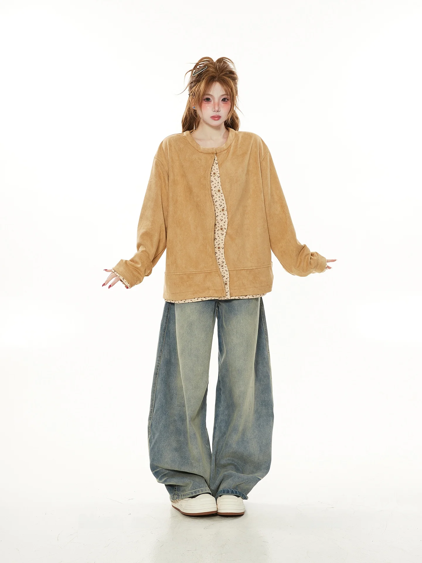 

Ретро-куртка в американском стиле с цветочным пэчворком для женщин, весна-осень, свободный крой, круглый вырез, модный дизайн, для повседневной носки