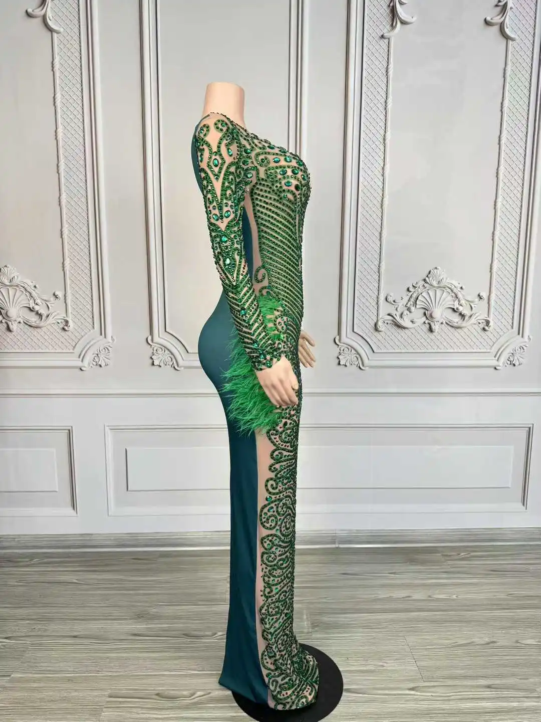 Sexy Elegant Evening Gown Blingbling Green Rhinestones Feather Dress Women Wedding Cocktail Party Photoshoot Stage Wear Costume