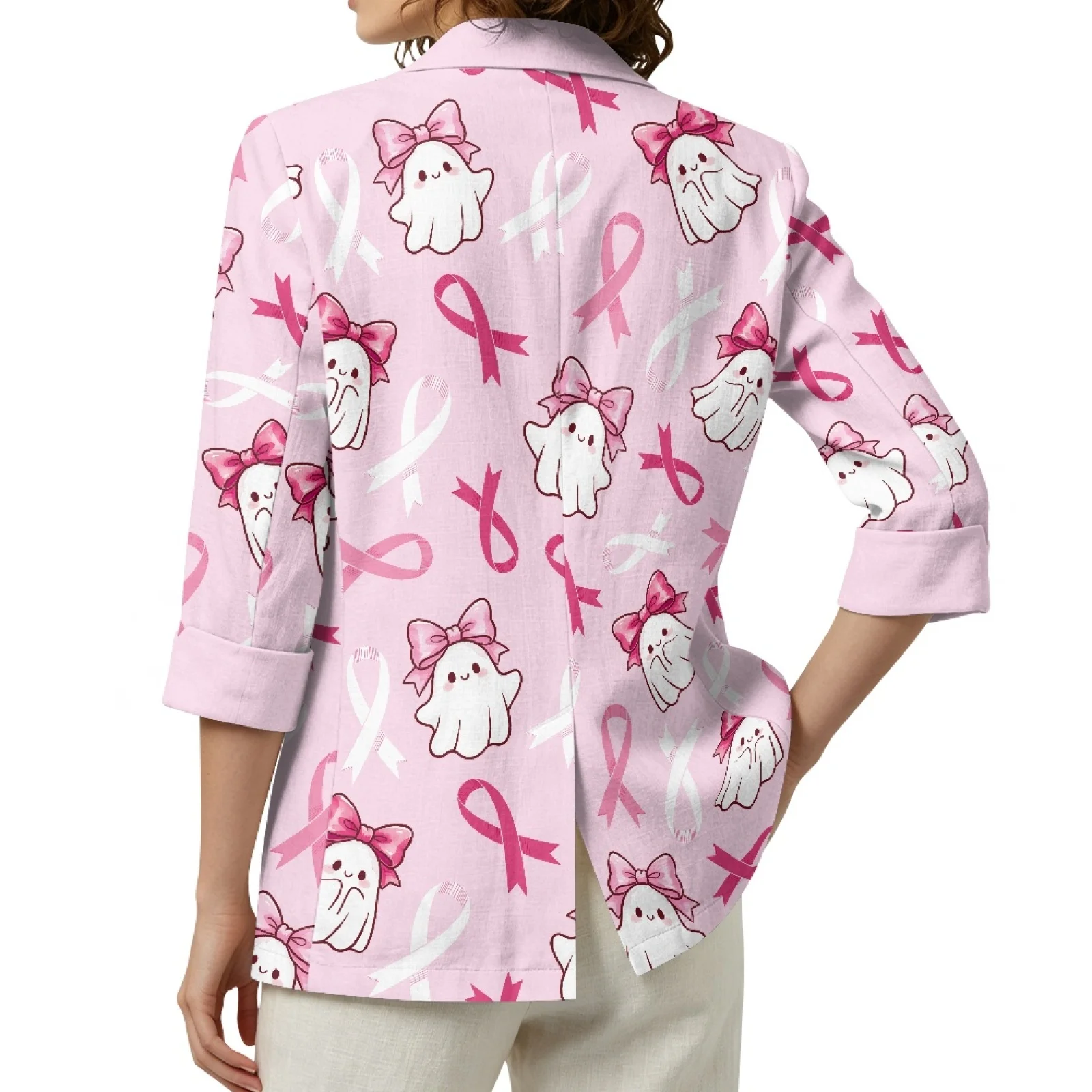 PENSTROLL Pink Ghost Awareness Open Front Cardigan Linen Style Casual Cover up Sizes S-3XL for Vacation and Daily Wear