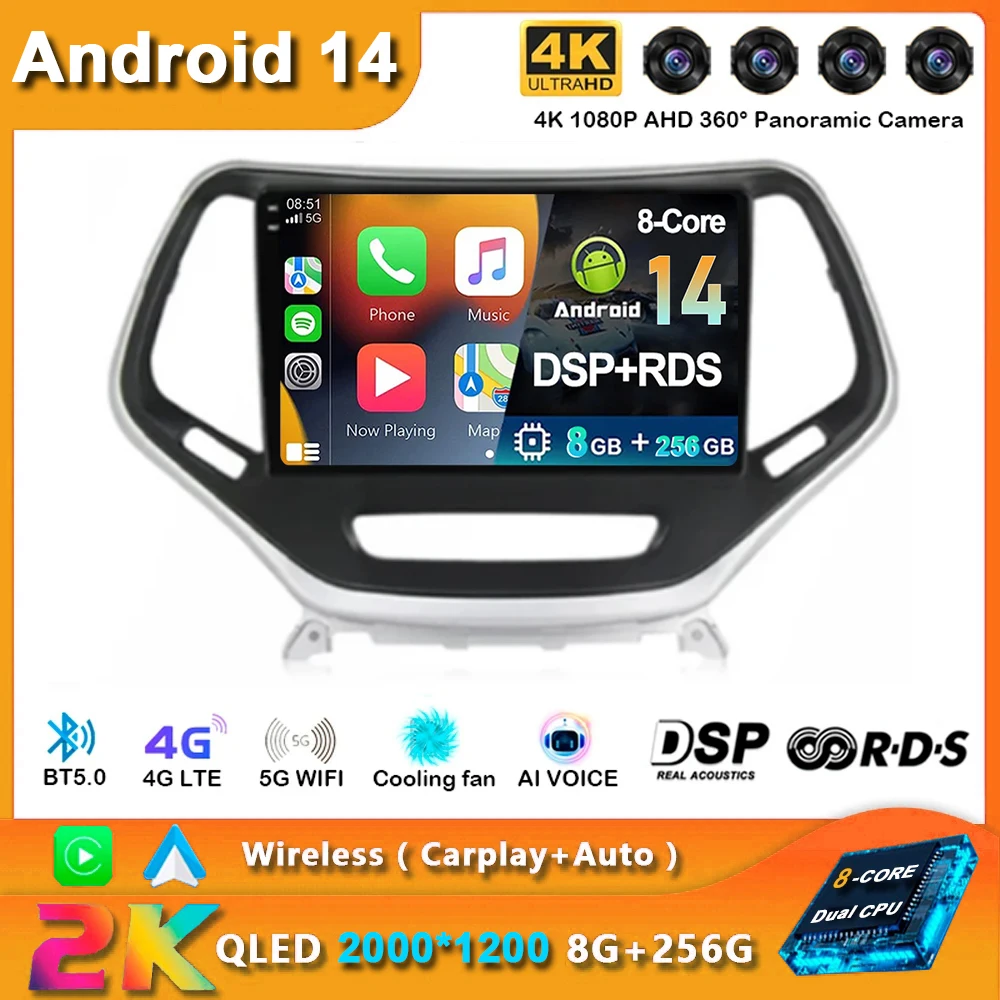 

Car Android 14 For Jeep Cherokee 5 KL 2014 - 2018 Auto Radio Multimedia Video Player Navigation GPS carplay No 2din DVD 4G Wifi