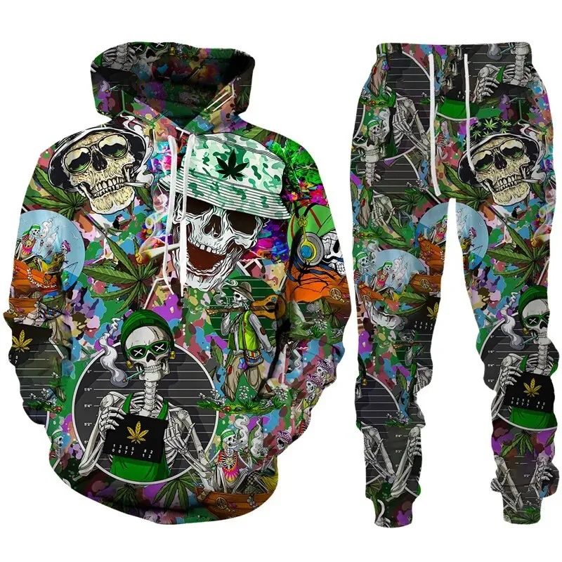 Autumn Hoodie Suit New Men\'s Floral Skull Hoodie 3D Printed Pattern Sports Shirt Set 2-piece Sportswear Casual Street Clothing