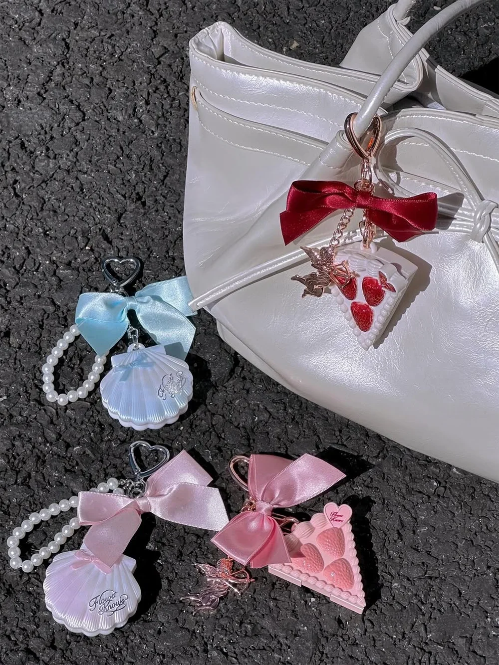 

Flower Knows Cupid Solid Perfume and Seashell Highlighter Mini Mirror Keychain Bag Pendant for Women Gifts Travel