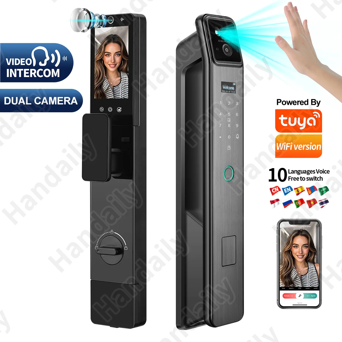 

HANDAILY Factory Tuya Smart Lock with 2 s Russian Voice 3D Face Recognation Card Fingerprint Palm Unlock for Main Door