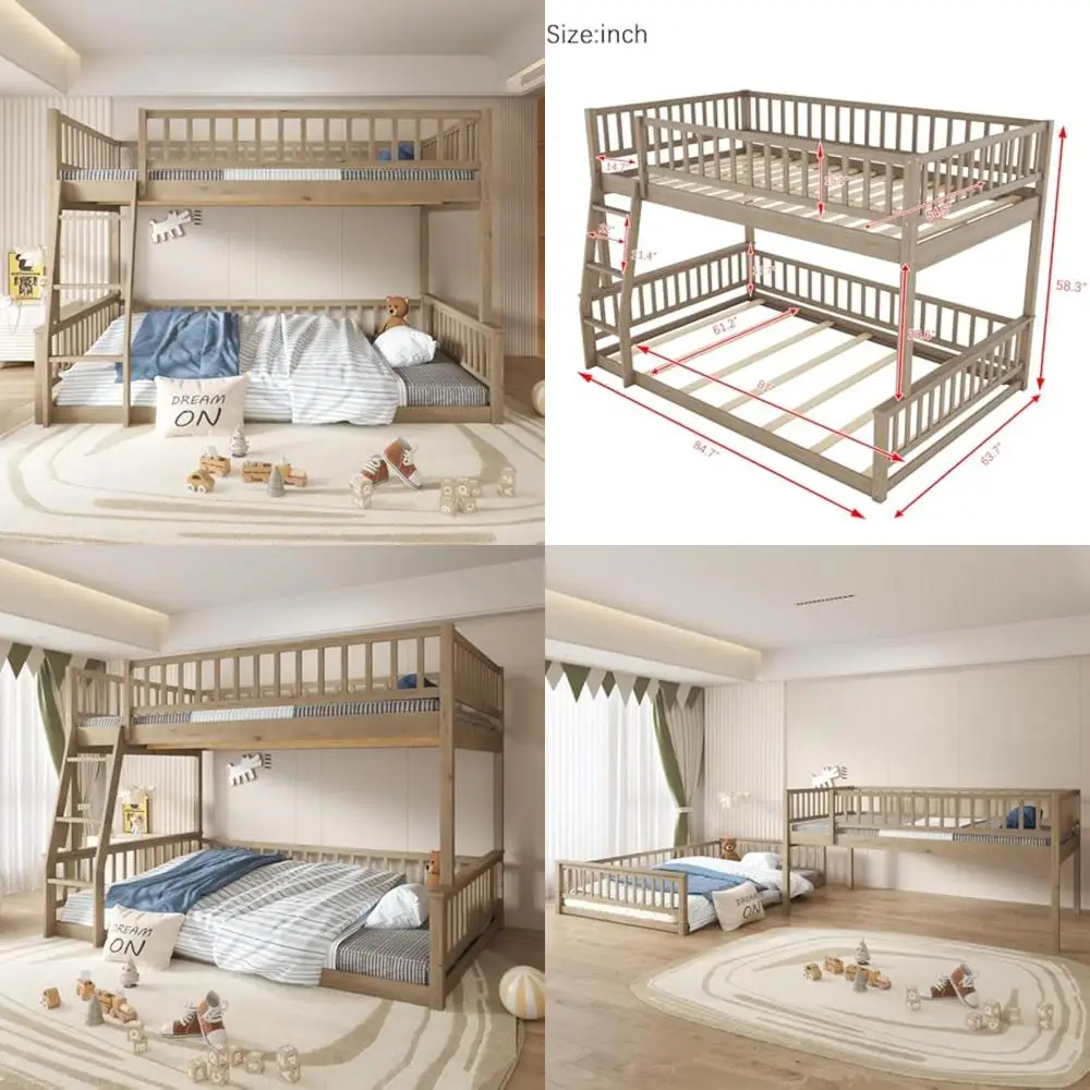 

"GDFStudio XL Size Queen Over Full Bunk Bed - Detachable, Ladder & Guardrails, Walnut Wood Frame, Space-Saving Design"