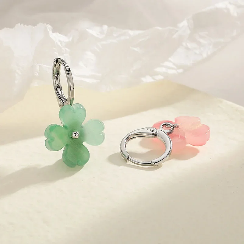 MEETSOFT 925 Silver Cute Sweet Four Leaf Clover Flowers Hoop Earrings for Women Fine Jewelry Minimalist Accessories