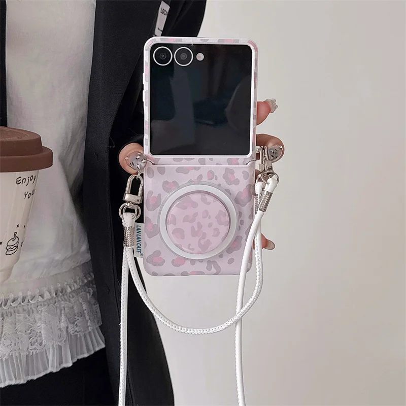 

Fashion Purple Leopard Print Magnetic Phone Case For Samsung Galaxy Z Flip 6 7 5 ZFlip7 ZFlip5 Cover with Stand Lanyard Strap Ca