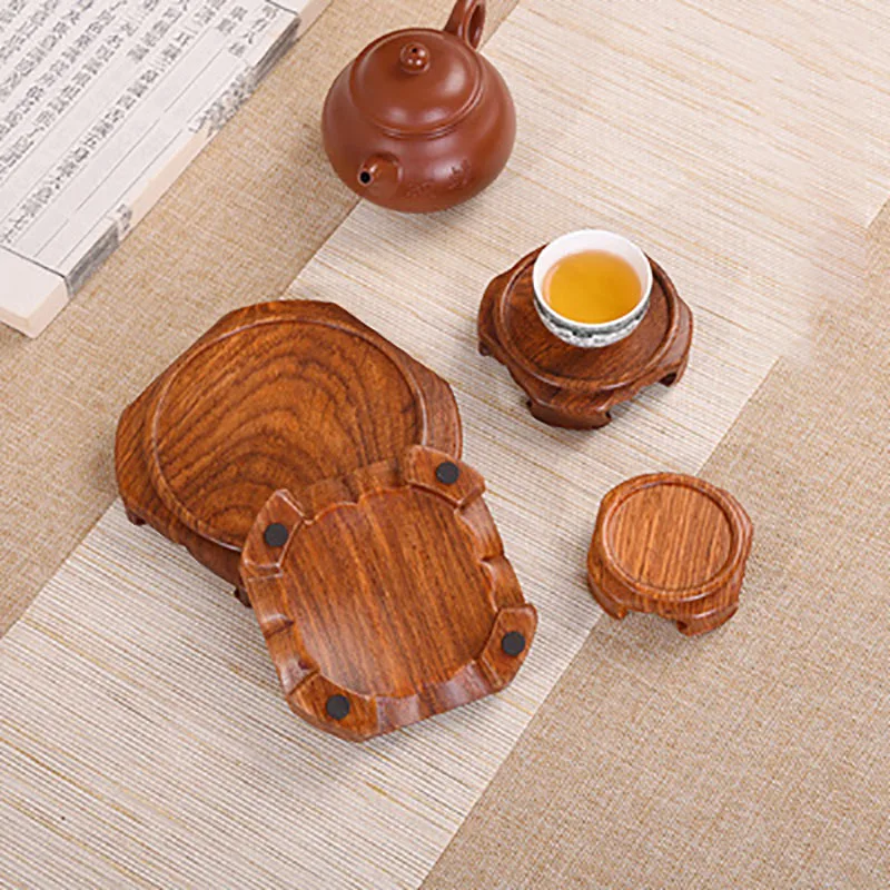 

Natural Solid Wood Coffee Cup Base Retro Carved Wooden Display Stand For Vase Teapot Buddha Incense Burner Base Flower Pot Shelf