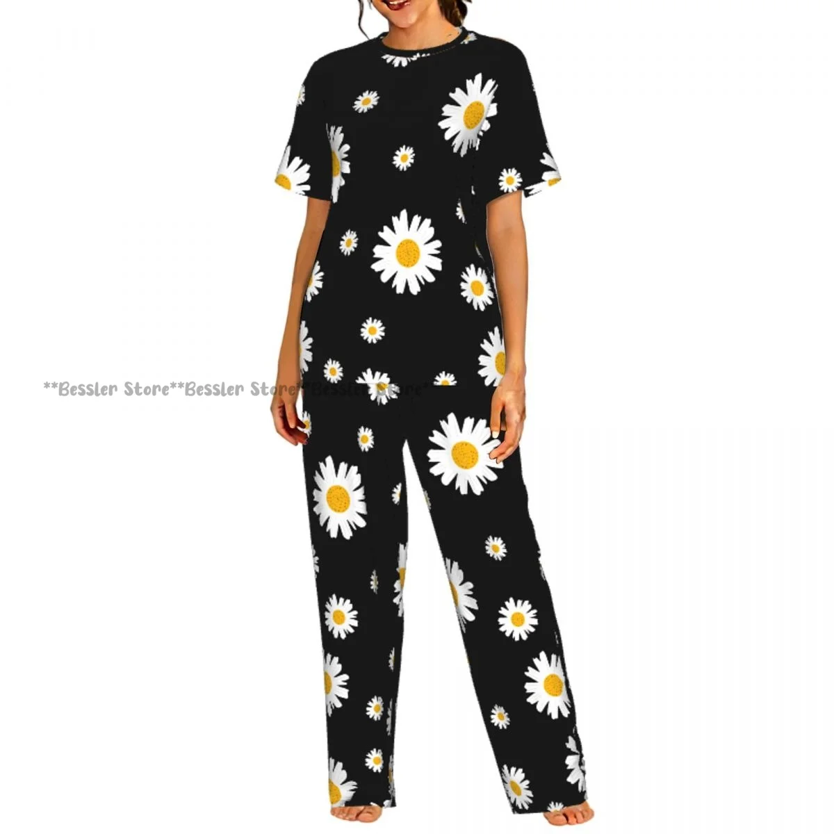 

Женский комплект из 2 предметов: красивая пижама с цветочным принтом, топ с короткими рукавами и брюки для сна.