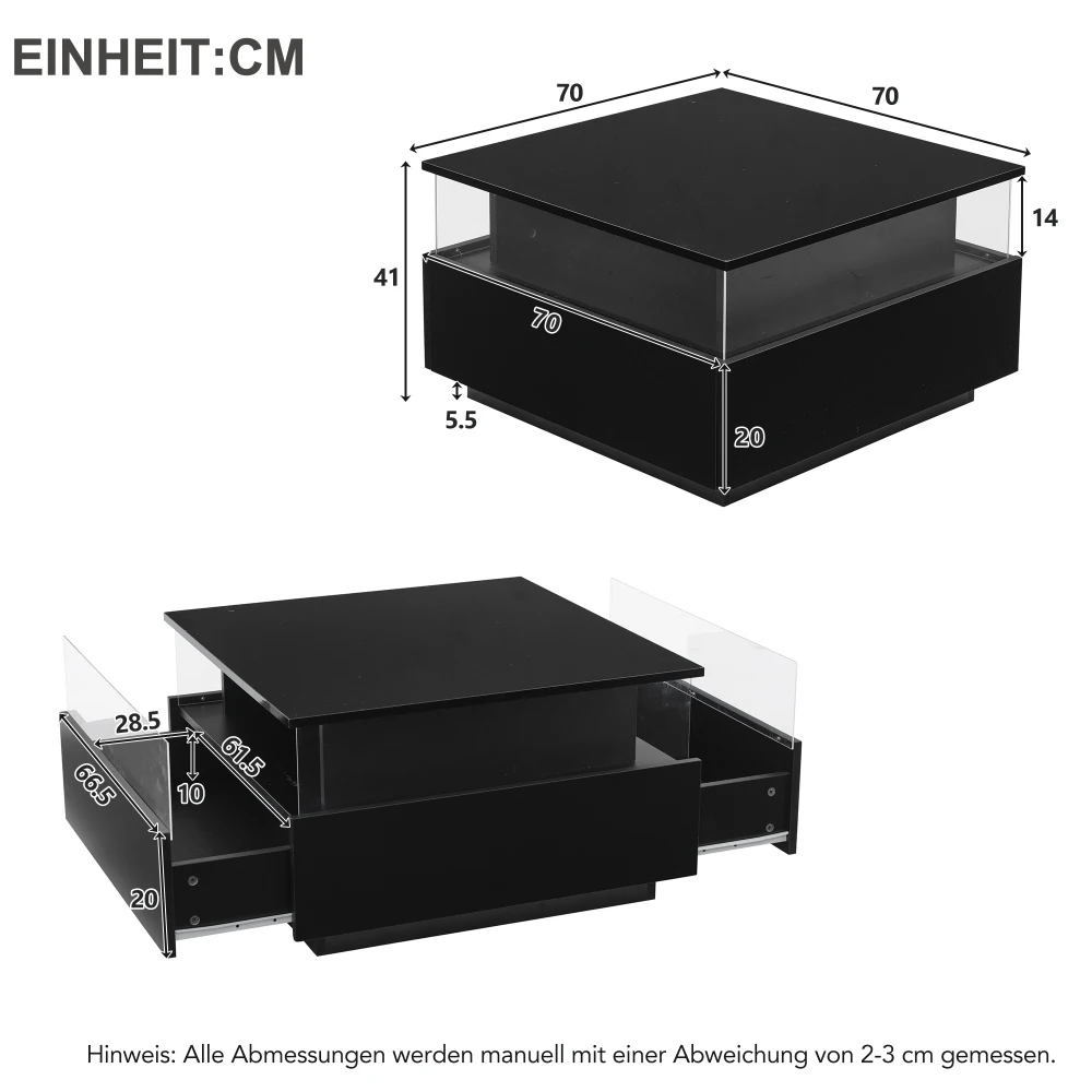 Modernes LED-Couchtisch Kaffeetisch 70*70*41 سم mit 2 Schubladed und transparentem معالجة - Belastbar bis 30 كجم،
