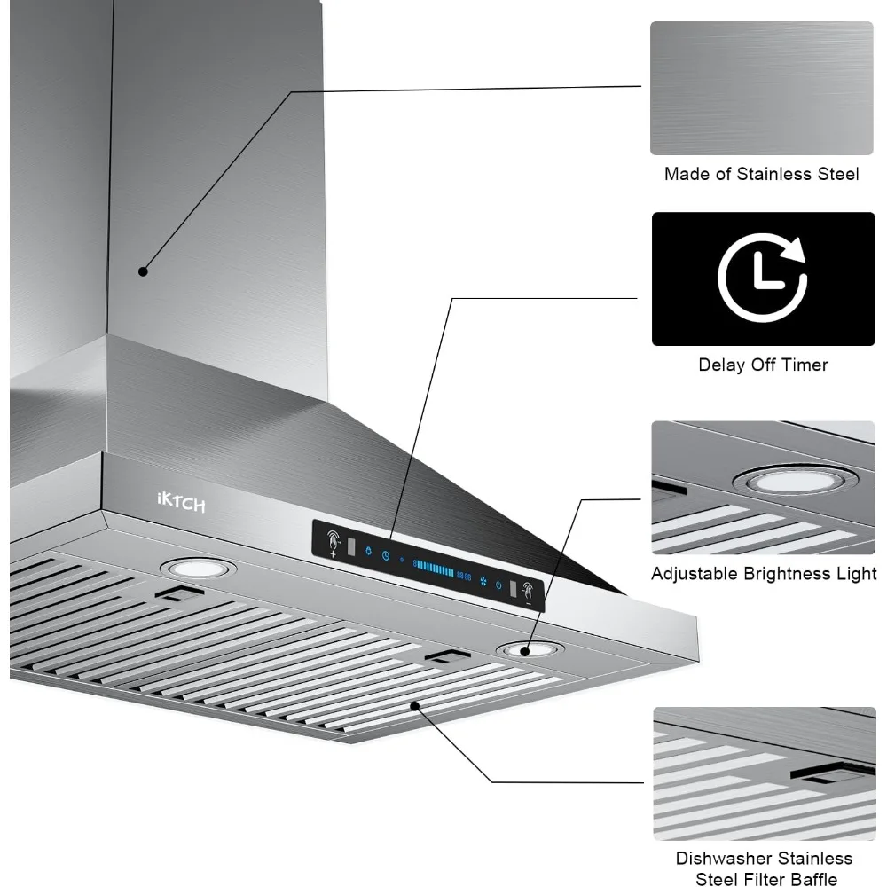 Wall Mount aço inoxidável Gama Hood, cozinha chaminé ventilação, gesto Sensor, canalizado, Ductless, conversível, 900 CFM