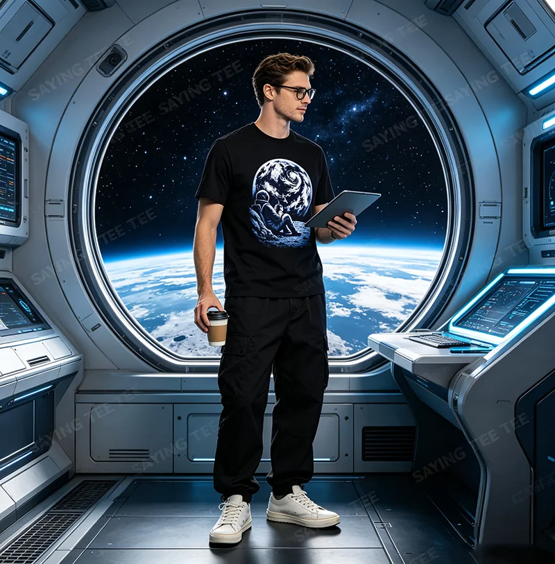 Lustiges T-Shirt mit Astronauten auf dem Mond, der Kaffee trinkt, Y2k, Astronomie, Wissenschaftsliebhaber, Grafik-T-Shirt, Herrenmode, Kleidung aus Baumwolle – Detail 4