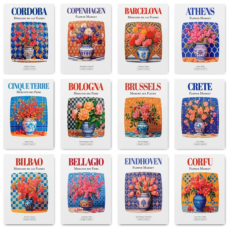 Athens Flower Market Barcelona Flores Color Potting Poster Print Wall Art Pictures Canvas Painting Room Bedroom Home Decor Gift