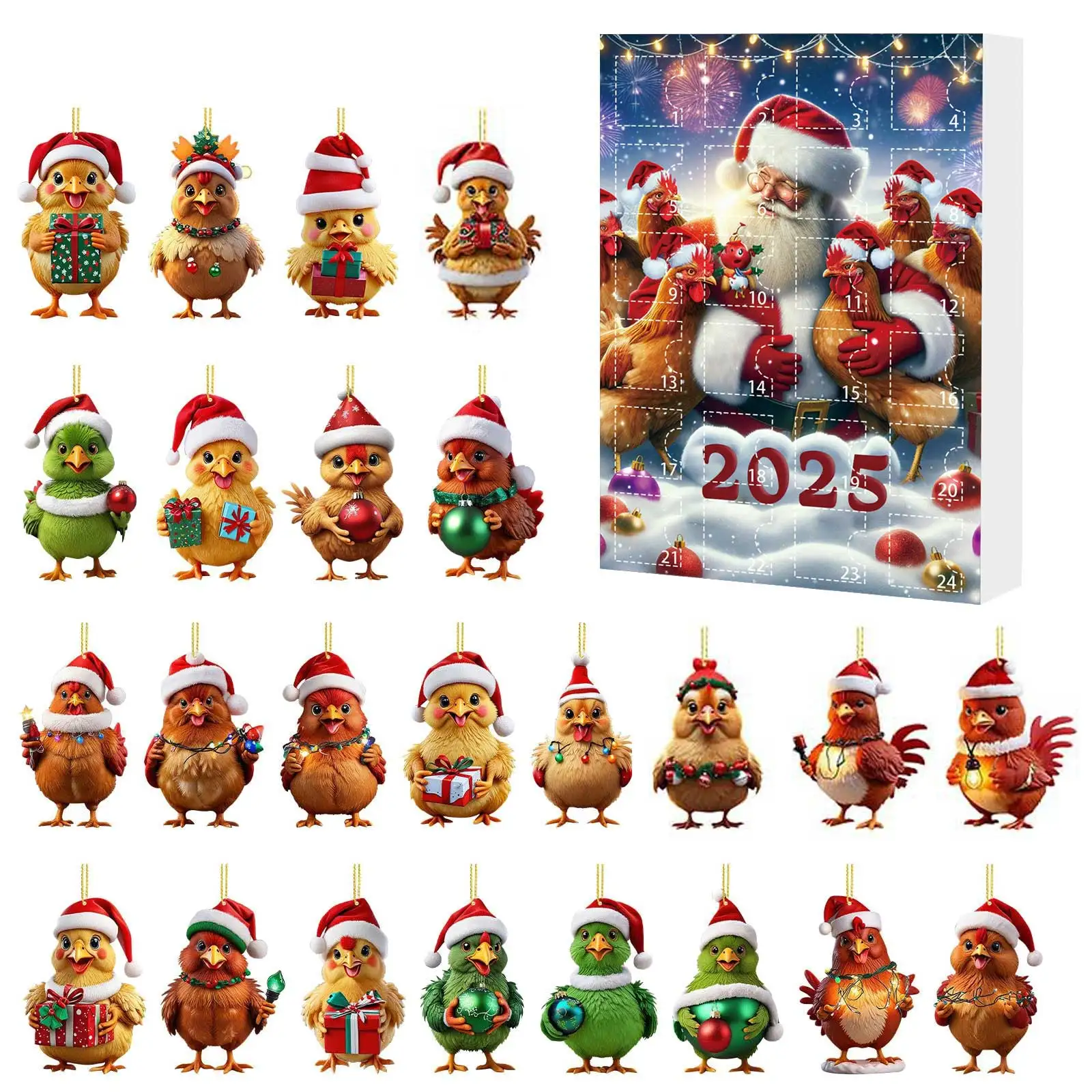 2025 Calendario per il conto alla rovescia di Natale Serie di Babbo Natale e pollo Set per il conto alla rovescia Ornamenti acrilici a tema natalizio Decorazioni natalizie