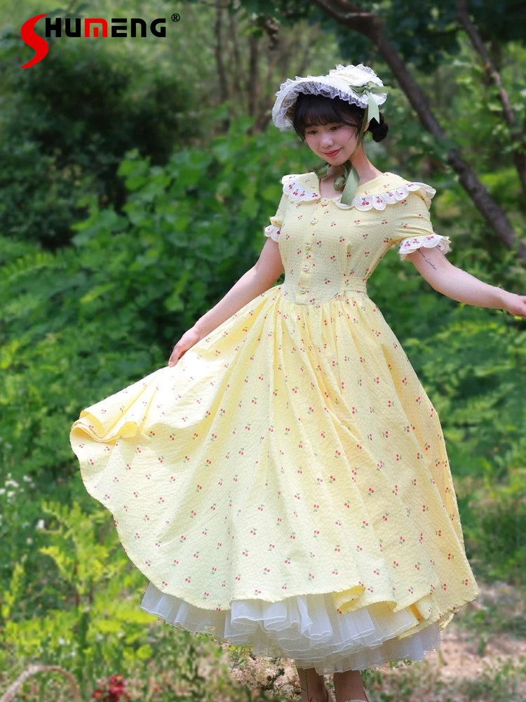 

French Court Style Vintage Long Dresses Op Summer Women's High Waist Slim Sweet Lolita Cla Tea Party Princess Dress Vestidos