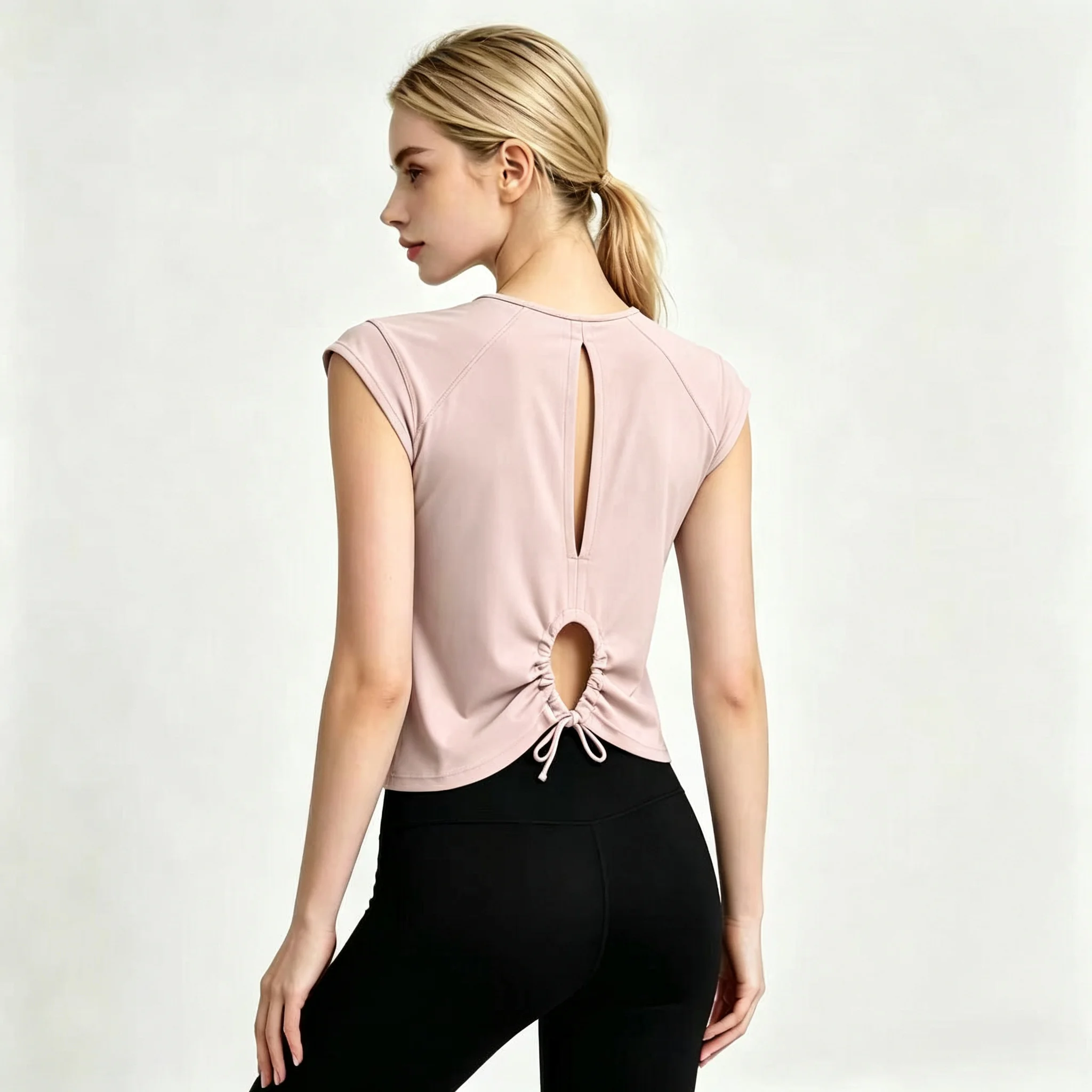 Hollow-Out Backless Waist-Cinching Training Top, New Pilates Fitness Cover-Up, Slimming, High-End, Stunning Short-Sleeve Yoga Wear for Sports
