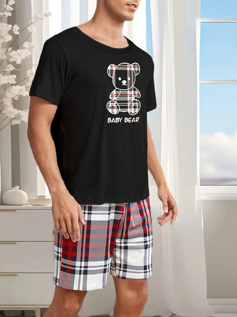 Letters Bear Print Pajama Set Short-Sleeve Top And Loose Shorts Breathable Fabric Large Size Fit Men's Loungewear Sleepwear Pjs