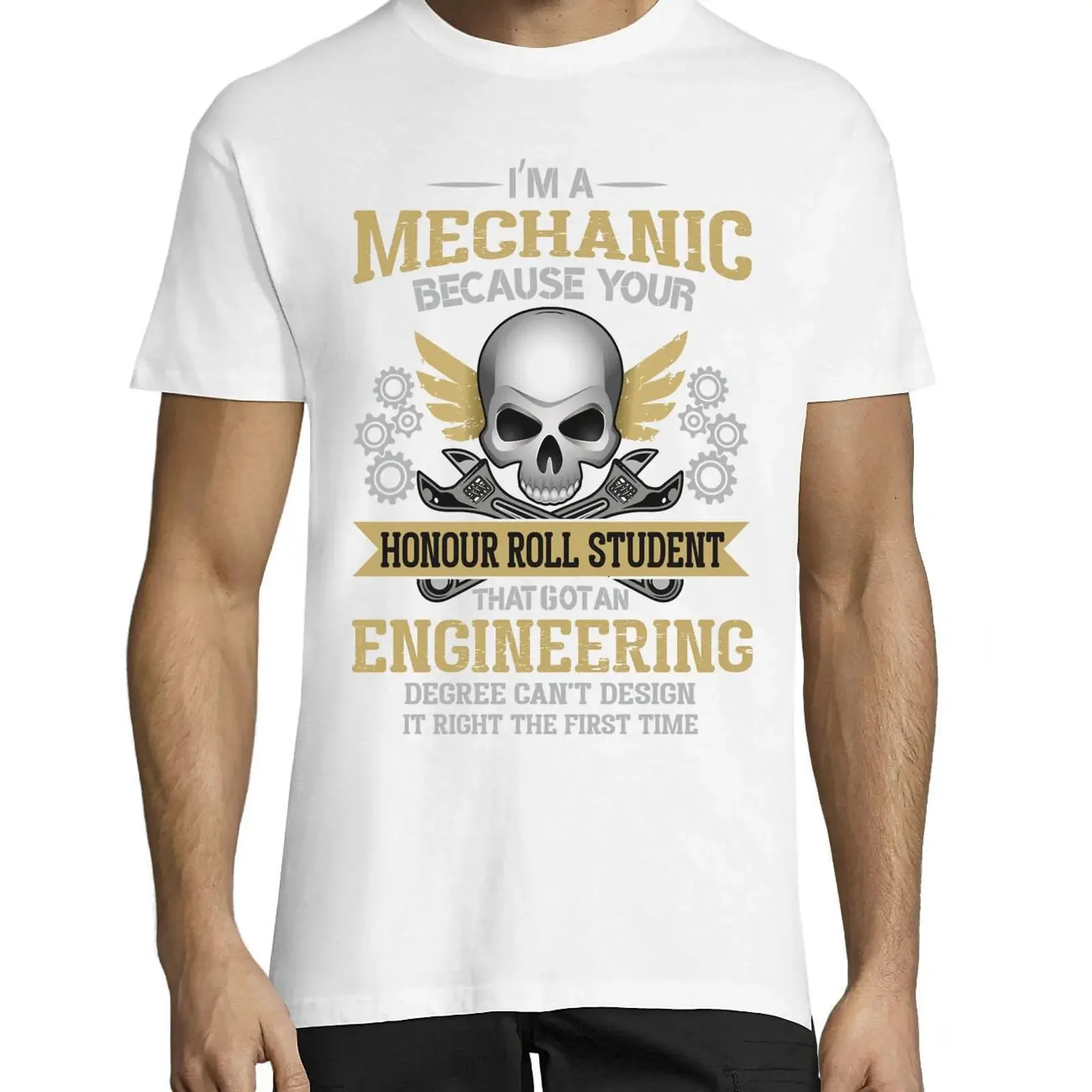 Funny I'm A Mechanic Quote Skull Wing Wrench T Shirt Men's Casual Crew Neck Cotton  for Auto Repair Workers vintage Washed