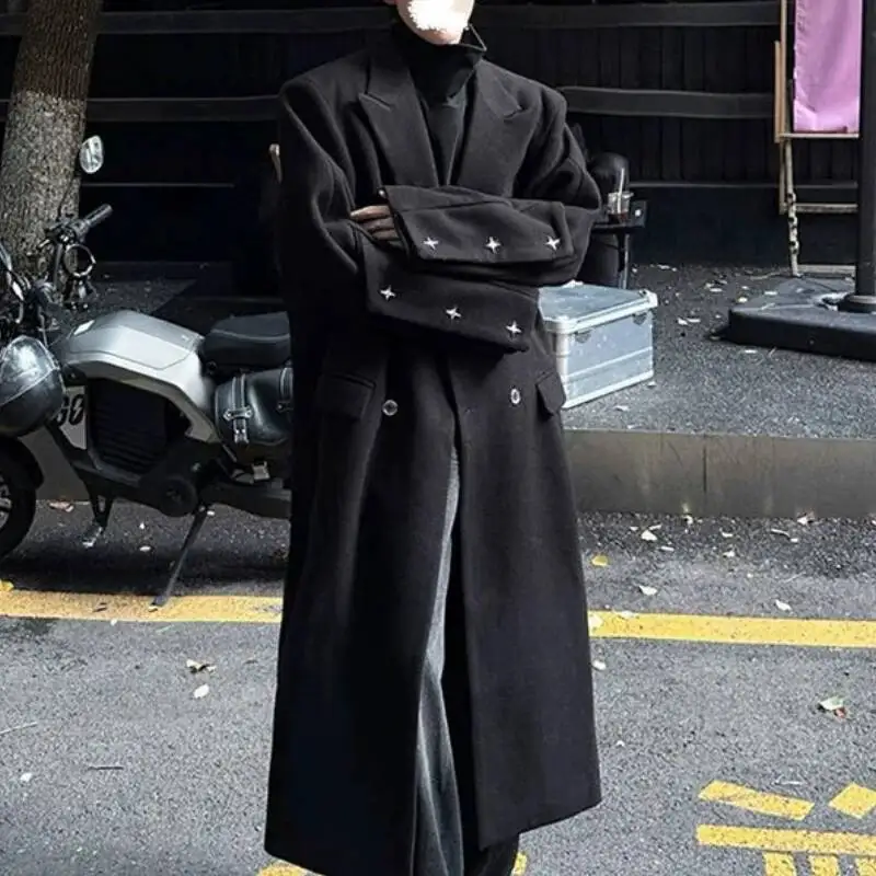 

New Autumn Winter Mens Versatile Length Woolen Coat Over Knee Double Breasted Tweed Windbreaker Outerwear Faionable Korean Style