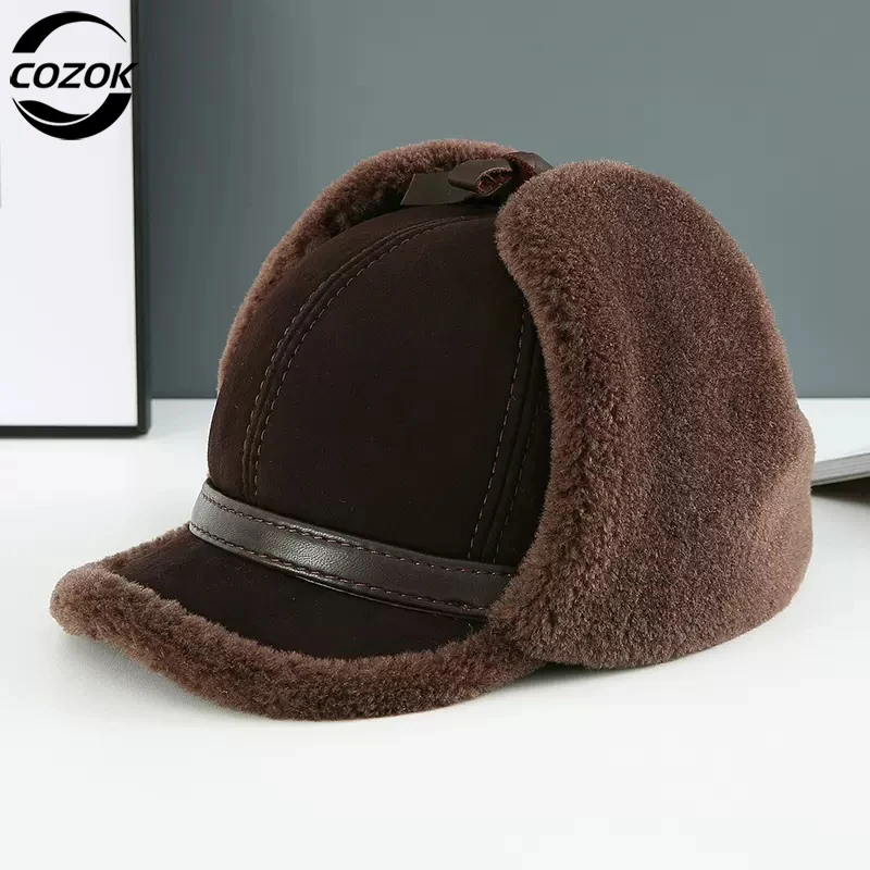 Real Fur Wool Hat Unisex New Winter Warm Bomber Russian Ushanka Hats With Ear Flaps Cow Leather Thick Snow Earflaps Baseball Cap