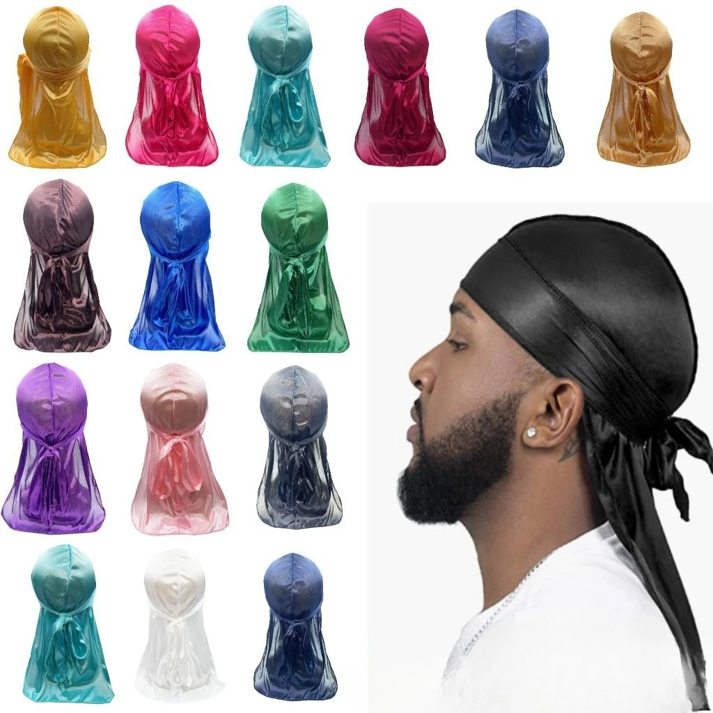 

Men Women Satin Elastic Pirate Cap Long Tail Hunting Hat Silk Headwear