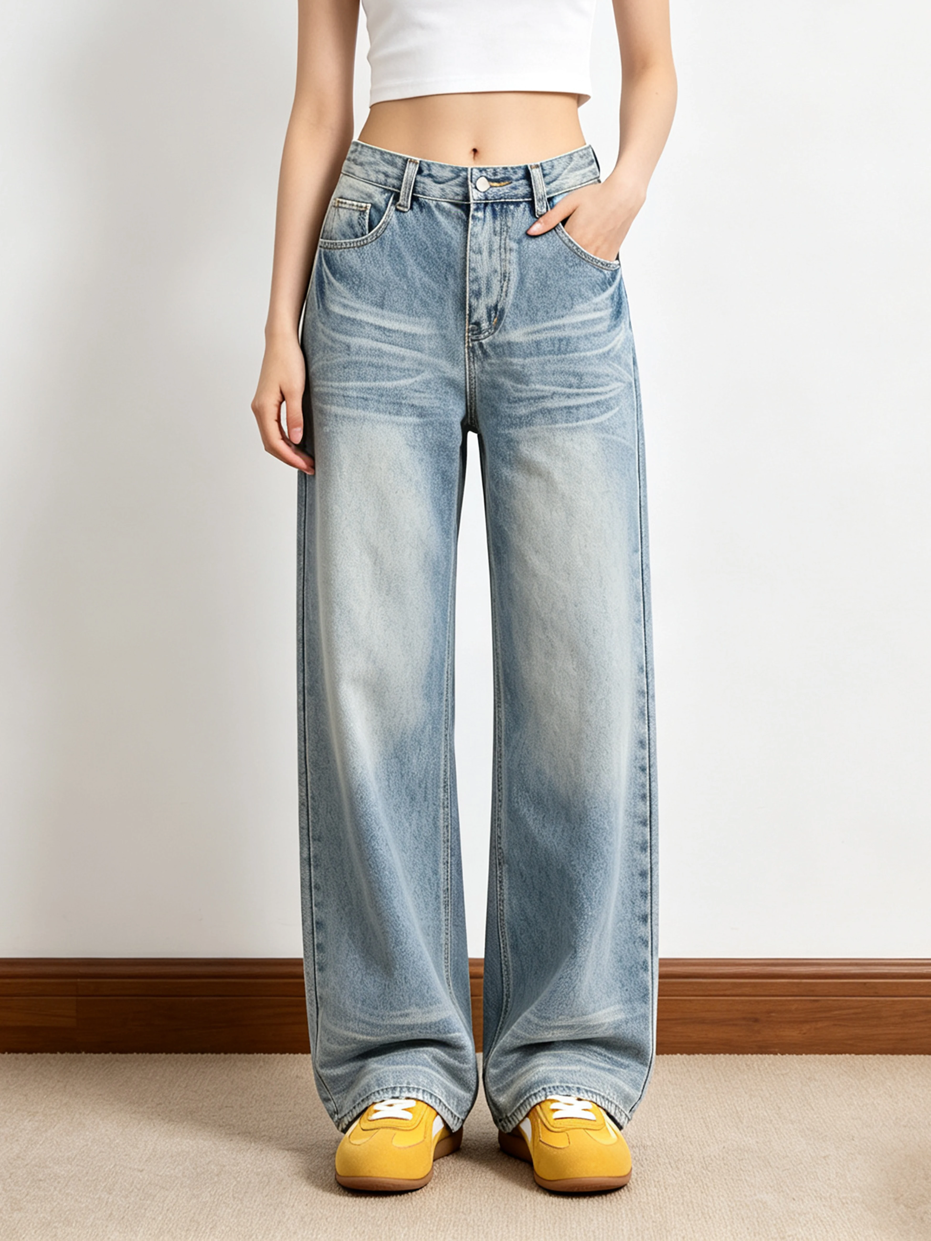Small Ball American Style Vintage  Dragging Jeans Women Straight Leg Washed High Street Couple Wide Leg Pants