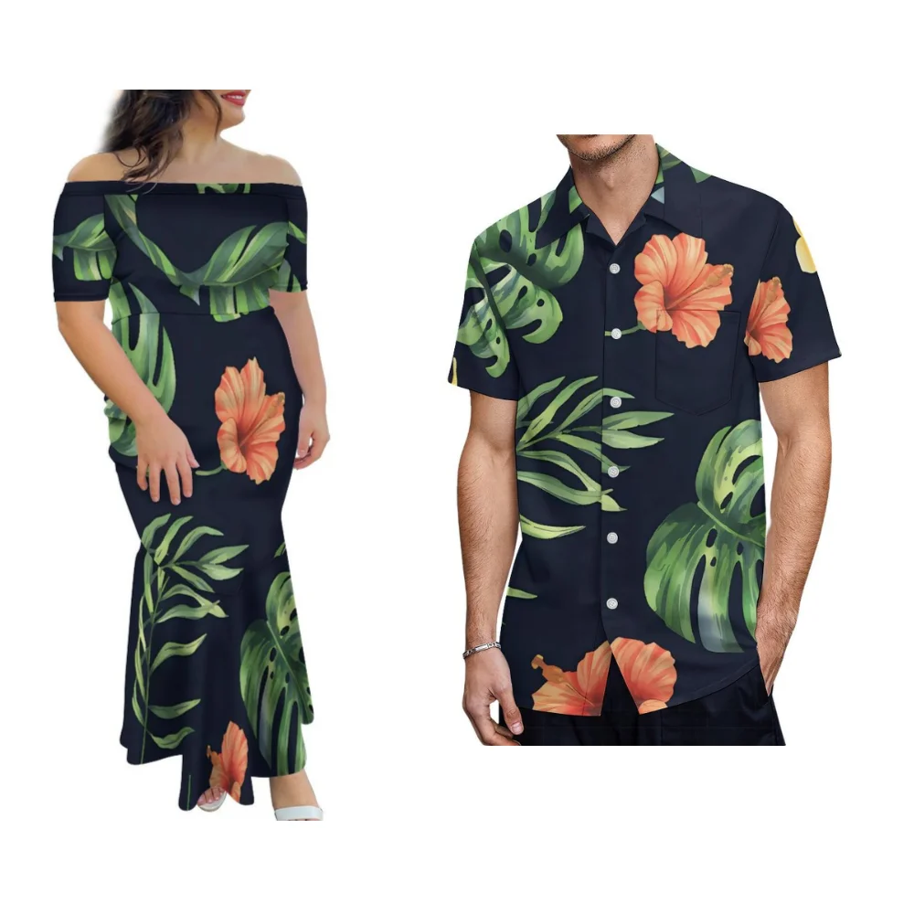 ساموا جزيرة هاواي الأزهار طباعة زهرة الكركديه تصميم المرأة فستان قميص رجالي عالية الجودة البولينيزية زوجين مجموعة 2025