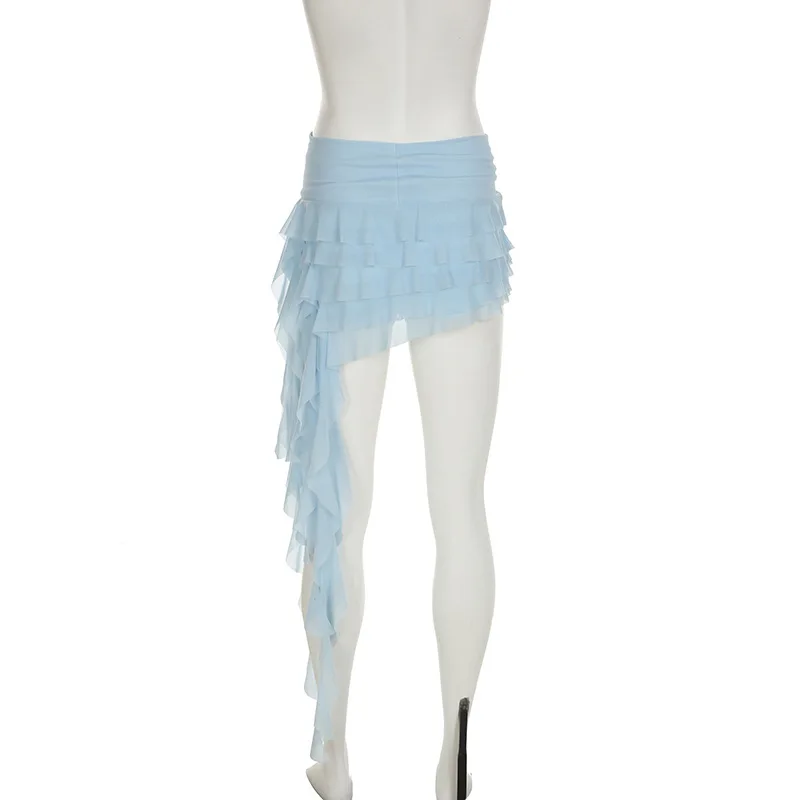 

Винтажная тонкая женская мини-юбка 2000-х годов с длинными кисточками для танцев, повседневная однотонная многослойная короткая юбка нестандартной формы с оборками и низкой посадкой