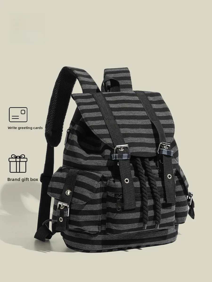 

Большой вместительный полосатый рюкзак с завязками для альпинизма, корейский стиль, двойные лямки, Newjeans 2026, новинка, городской рюкзак