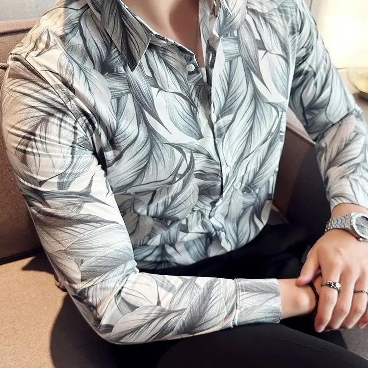 Men's Fashion High-End New Long Sleeve Casual Korean Style Personalized Slim Fit Print Hipster Trendy Shirt