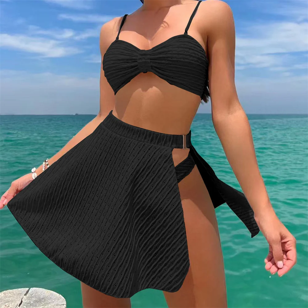 

Sexy Sling Bikinis Sets Holes Ribbing Swimsuit Buckle Skirt 3 Pieces Swimwears Women Beach Summer Outfits Bathing Swimming Suit