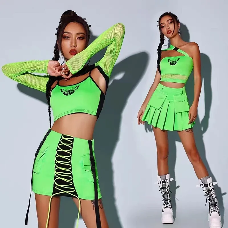 Nightclub Gogo Dancer Stage Costume Adult Cheerleading Clothes New Kpop Jazz Dance Outfit Fluorescent Green HipHop Clothing