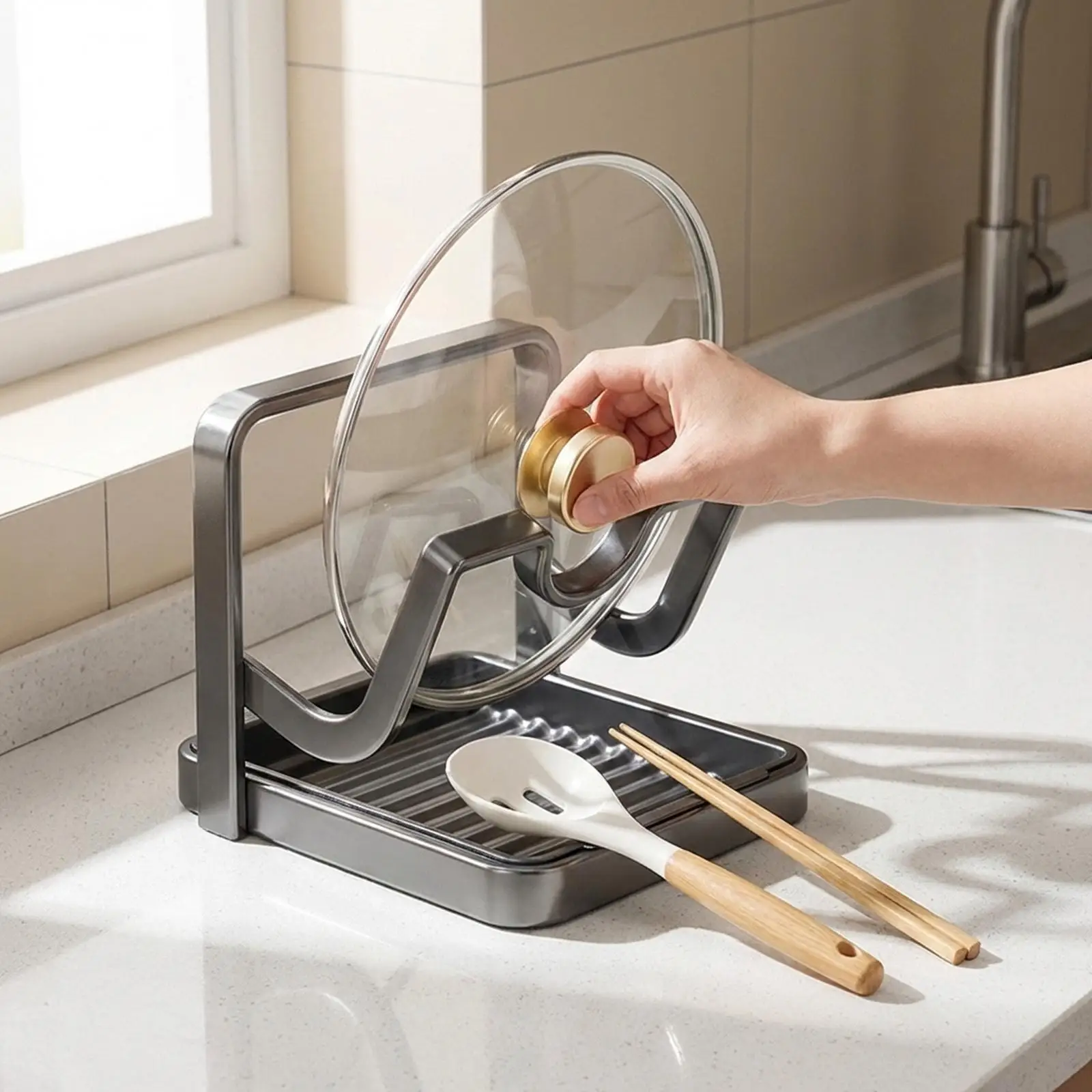 

Компактная подставка для крышек и ложек из углеродистой стали, экономящая место, для занятых кухонных столешниц